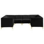 Meridian Furniture - Alina Velvet Modular U-Shaped Sectional, Black, 8-Piece: 4 Armless Chair, 4 Corner Chair - Bring modern beauty to your space with the addition of this Alina Velvet Modular sectional. This beautiful sectional features deep channel tufting to ramp up its visual interest and add to its resilient demeanor. Its soft black velvet upholstery blends nicely with existing elements in your room and is sleek to the touch, making this seat a super comfortable one. Part of the modular Alina collection, this sectional has a latch that attaches it to other pieces to create your custom seating arrangement.