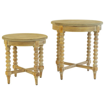 Set of Two Round Wooden Side Tables with Turned Legs