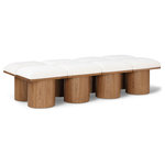 Meridian Furniture - Pavilion Black Boucle Fabric Bench, Cream, Walnut Brown Finish, 72" W X 31" D X 17.5" H - Bring valuable seating and remarkable style to your space with this cream Pavilion boucle fabric bench, an exquisite balance of style and usability for the entryway, bedroom, and beyond. Crafted from oak veneer with a walnut brown finish, this bench has a 4-inch-thick seat cushion that's channel-tufted for a touch of luxury. The bench's columnar bases add a dash of art deco design, making it a captivating focal point in any room.