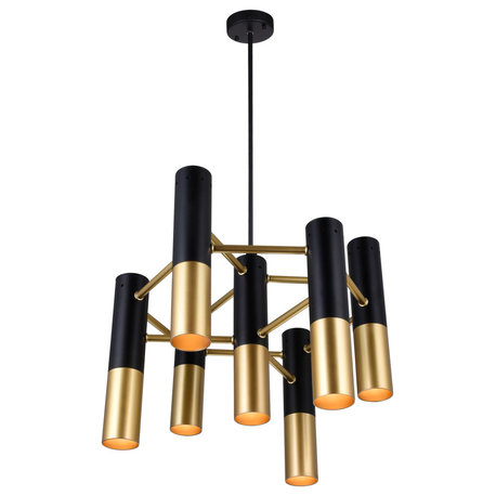 CWI LIGHTING 1015P17-7-129 7 Light Down Chandelier w Matte Black & Satin Gold