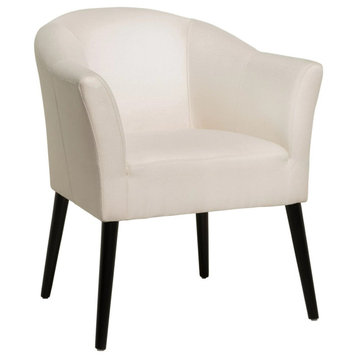 Elegant Accent Chair, Black Wooden Legs, Polyester Seat With Curved Back, Beige