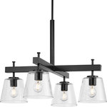 Progress Lighting - Saffert Collection Four-Light Matte Black Clear Glass Chandelier Light - Embrace modern urban style with the Saffert chandelier. Clear glass shades punctuate a stoic, beam-style frame. Substantial scale and a bold form make a statement in dining rooms, kitchens and bar areas. Saffert is the perfect choice for new traditional, industrial and luxe interiors.