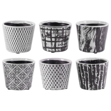 Lattice Terracotta Pot, Craquelure Gloss Finish, Black and White, 6-Piece Set