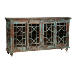 Mortise & Tenon Custom Furniture Store in Los Angeles - Vintage Distressed Blue Sideboard with Glass Paneled Doors - Buffets And Sideboards
