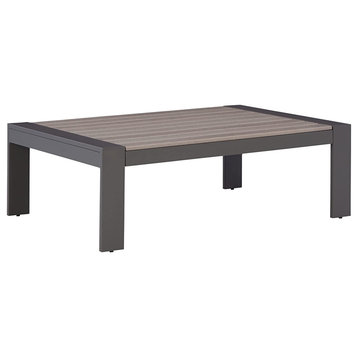 Outdoor Coffee Table, HDPE Construction With Slatted Wooden Look Top, Taupe