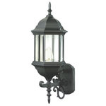 Trans Globe Lighting - Josephine 1 Light Outdoor Wall Light, Black - The Josephine 26" Wall Lantern showcases any outdoor living space with both style and functionality. The durable craftsmanship is inspired by Colonial design themes and maintains a distinctive look as it provides accent and area lighting. This single light fixture is part of the Josephine Collection, has a top and bottom finial and is a hexagon shape. Included is a decorative wall plate with matching arm to support and highlight this charming outdoor fixture. The Josephine Collection has multiple finishes to choose from, each a complement to the Clear Beveled glass sides.