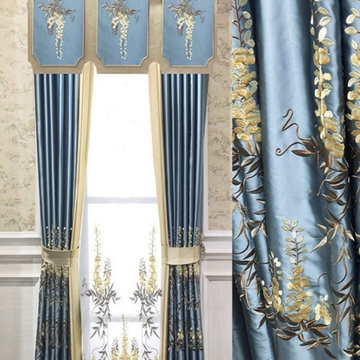 QYHL226K Silver Beach Embroidered Leaves Faux Silk Beautiful Custom Made Curtain