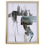 StyleCraft - Synthesis Hand Embellished on Paper Framed Under Plexi Glass, Shadow Box - StyleCraft's Synthesis Shadow Print nods to abstract design. Blues, greys, and gold complement each other to create a truly contemporary art piece. This piece is embellished by hand, made with watercolor and acrylic paint on paper, and set in a plexiglass shadow box. Hang this framed art in any room to add depth to the space.