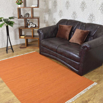 Hand Woven Flat Weave Kilim Wool Area Rug Solid Dark Orange