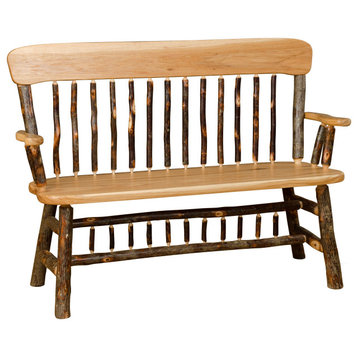 Hickory Log Panel-Back Bench, Hickory & Oak, 4 Foot, With Arms