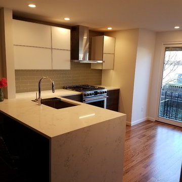 Silestone water fall edge& gray kitchen, Full custom with touch latch drawers