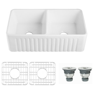 33'' x 18" White Farmhouse Ceramic Kitchen Sink,Reversible Double Bowl Sink