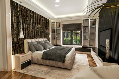 Diseño de dormitorio principal moderno de tamaño medio sin chimenea con paredes beige, suelo de madera en tonos medios y suelo marrón