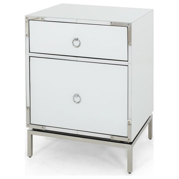 Elegant Nightstand, Stainless Steel Frame & Drawers With Ring Pulls, White Glass