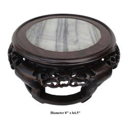 Chinese Hand Carved Chicken Feather Wood Marble Top Display Stand - Home Decor