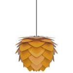 UMAGE - Aluvia Plug-In Pendant, Mini, Saffron/Black - Modern. Elegant. Striking. The VITA Aluvia is an artistic assemblage of 60 precision-cut aluminum leaves, overlapping each other on a durable polycarbonate frame. These metal leaves surround the light source, emitting glare-free, ambient light.  The underside of each leaf is painted white for increased light reflection, and the exterior is finished in one of six designer colors. Available in two sizes, the Medium (18.9"h x 23.3"w) can be used as a pendant or hanging wall lamp, while the Mini (11.8"h x 15.7"w) is available as a pendant, table lamp, floor lamp or hanging wall lamp. Hang it over the dining table, position it in a corner, or use as a statement piece anywhere; the Aluvia makes an artistic impact in any room.