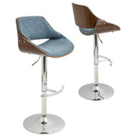 lumisource Fabrizzi Adjustable Barstool in Walnut Wood, Blue