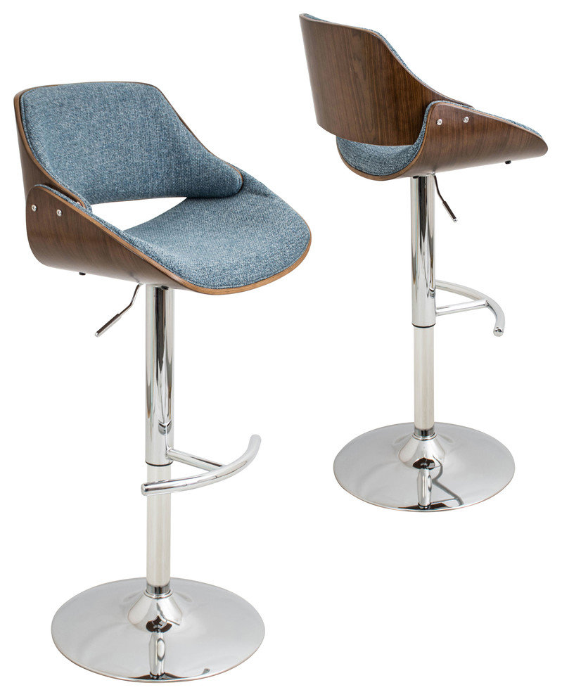 lumisource Fabrizzi Adjustable Barstool in Walnut Wood, Blue