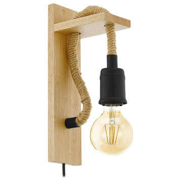 Rampside Open Bulb Wall Light - Black and Natural Wood Finish