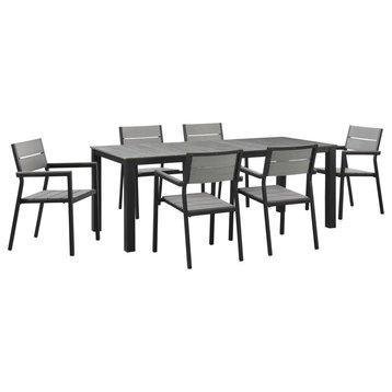 Modern Urban Contemporary Set of 7 Outdoor Patio Dining Set, Brown Gray Steel