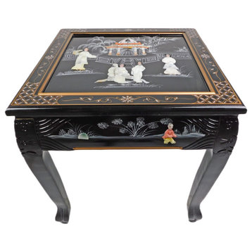 Dragon Leg Oriental End Table Inlaid Pearl, Black Lacquer