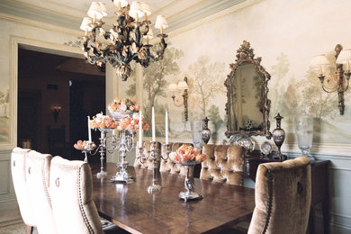 Dining room - huge mediterranean travertine floor and beige floor dining room idea in Baltimore