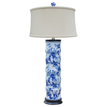 Blue and White Floral Motif Bamboo Style Porcelain Vase Table Lamp 30"