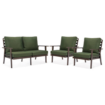 LeisureMod Walbrooke 3-Piece Patio Set, Brown Aluminum Frame and Cushions, Green