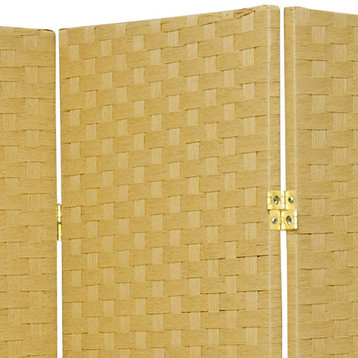 Large Room Divider,  Double Hinged Panels With Natural Woven Fiber, Dark Beige