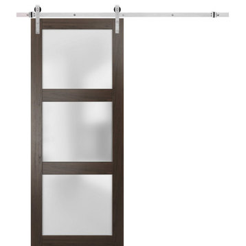 Barn Door 30 x 80 Frosted Glass, Lucia 2552 Chocolate Ash, Silver 6.6FT
