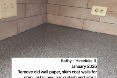Backsplash Install, Remove wall paper, prep, skim coat walls, install new tile
