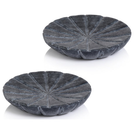 Kara 2-Piece Flower Marble Decorative Dish Set, Gray