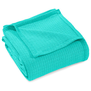 100% Cotton Waffle Stitch Blanket Bed Throw, Turquoise, Throw