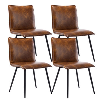 Set of 4 Minimalist Faux Leather Side Chairs for Dining Room, Yellowish-Brown