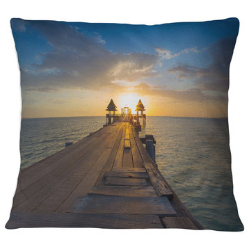 Huge Wooden Pier into Setting Sun Pier Seascape Throw Pillow, 16"x16"