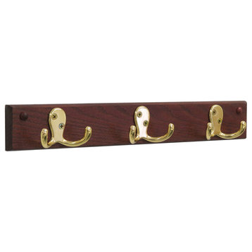 3 Double Prong Hook Rail/Coat Rack, Brass Hooks, Mahogany
