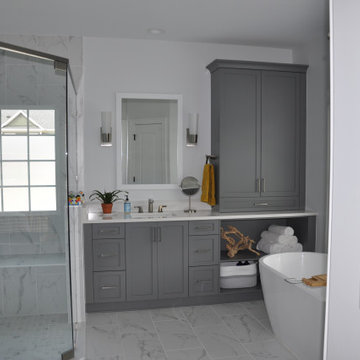 Bright white and soothing grey kitchen and bath in Raleigh