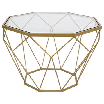 LeisureMod Malibu Small Modern Octagon Glass Top Gold Metal Base Coffee Table