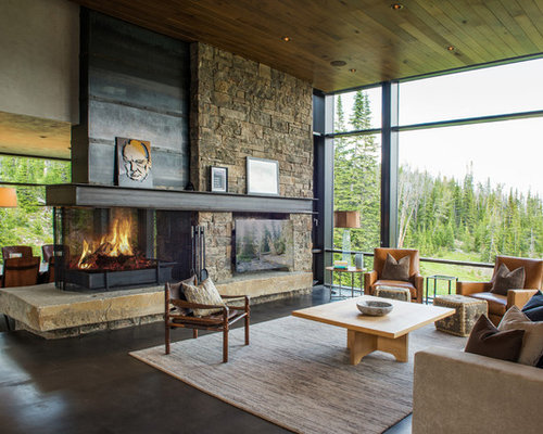 Rustikale Wohnzimmer mit Kaminsims aus Metall Ideen, Design & Bilder