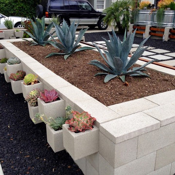 Drought tolerant cinderblock planter landscape