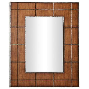 Large Rectangular Golden Brown Wood Wall Mirror with Metal Grid Overlay