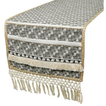 Luxury Table Runner Grey Jacquard 14"x64" Moroccan, Boho, Tassels - Nomad Lace