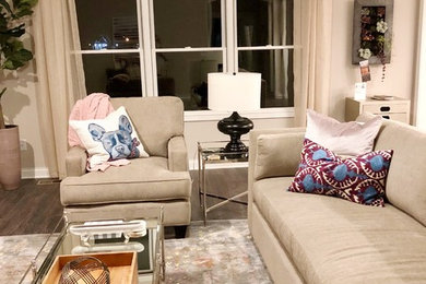 Transitional open concept brown floor living room photo in Other with beige walls, a standard fireplace and a tile fireplace