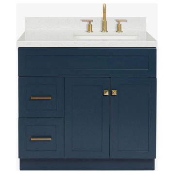 Ariel Hamlet 36" Single Right Rectangle Sink Bathroom Vanity, Carrara Quartz, Midnight Blue