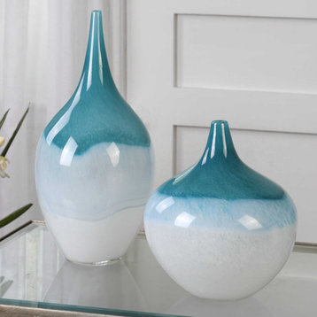 Uttermost Carla 2- Piece Vase Set, Teal and White