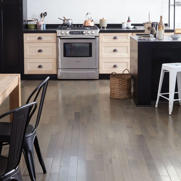 Black and White Transitional Kitchen - Blue Ridge Taupe, Engineered, Red Oak Har