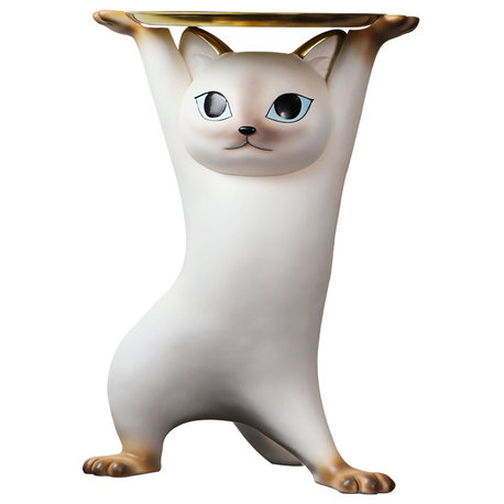 Modern Cat Side Table Floor Resin Figurine With Gold Tray End Table