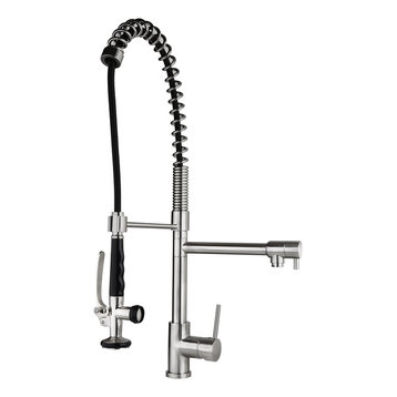 Pre-rinse Spring Spout Kitchen Sink Faucet with Deck Plate, Brushed Nickel