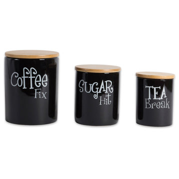 DII Black Coffee/Sugar/Tea Ceramic Canister, Set of 3