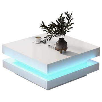 Elegant Coffee Table, Square Design With Multicolor LED Lights, High Gloss White